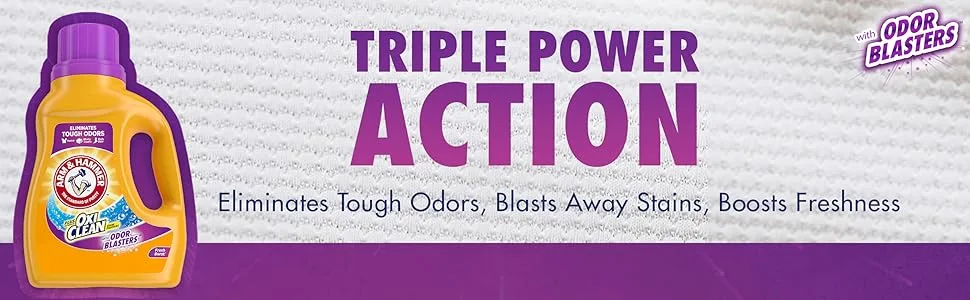 Arm & Hammer Plus OxiClean Odor Blasters Fresh Burst, 75 Loads Liquid Laundry Detergent, 118.1 Fl oz 118.1 Fl Oz (Pack of 1) - triple power action eliminates tough odors blasts away stains boosts freshness