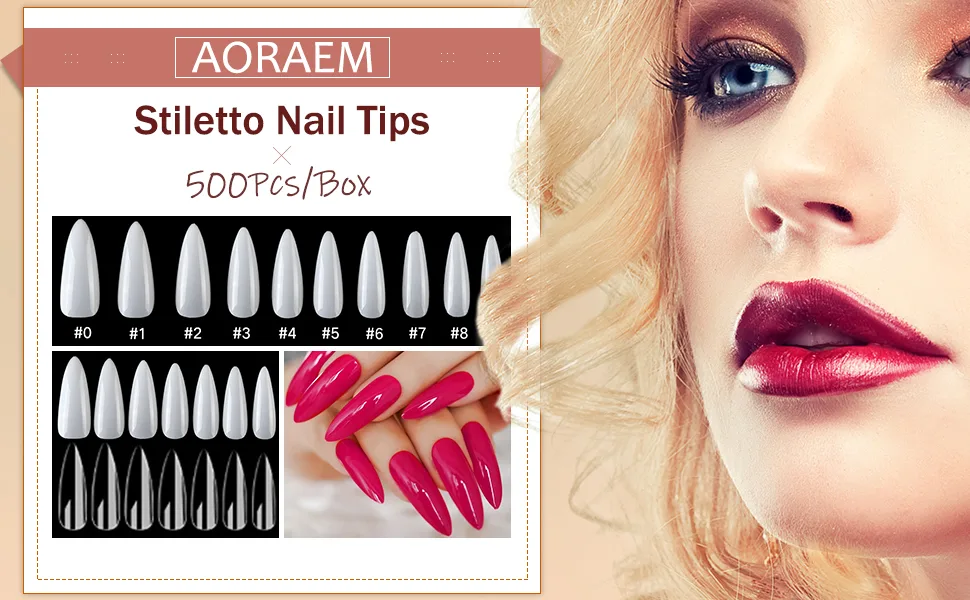 AORAEM Long Stiletto Sharp False Nails Clear Claw Full Cover Artificial Fake Nail Art Tip 500Pcs For Nail Salon,10 Sizes (Clear) - Stiletto Nail
