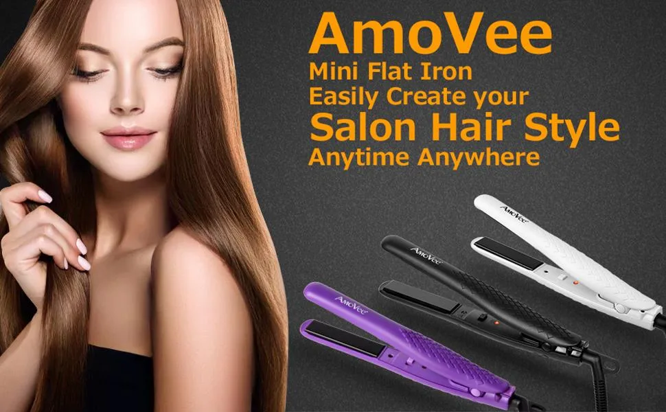 AmoVee Mini Flat Iron Smart Ceramic Tourmaline Hair Straightener Negative Ionic Technology for Travel, Black - mini flat iron