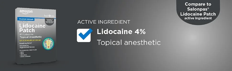 Amazon Brand - Basic Care Lidocaine Patch, 4% Lidocaine, Topical Anesthetic, Desensitizes Aggravated Nerves, 6 Count 6 Count (Pack of 1) - Lidocaine 4% Topical anesthetic