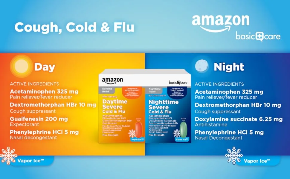 Amazon Basic Care Vapor Ice Daytime and Nighttime Severe Cold and Flu, Coated Caplets, Combo Pack, 48 Count 48 Count (Pack of 1) - Basic Care Severe Cold & Flu Day time nighttime Combo ingredients