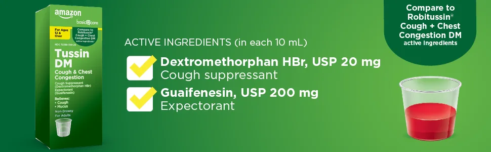 Amazon Basic Care Tussin DM, Cough Suppressant & Expectorant, 4 Fl Oz 4 Fl Oz (Pack of 1) - Active ingredients in Basic Care Tussin DM