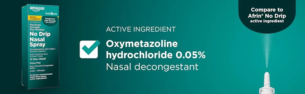 Amazon Basic Care Severe Congestion Nasal Spray, Oxymetazoline HCl Provides 12 Hour Nasal Congestion Relief, 1 Fluid Ounce - basic care nasal spray active ingredient