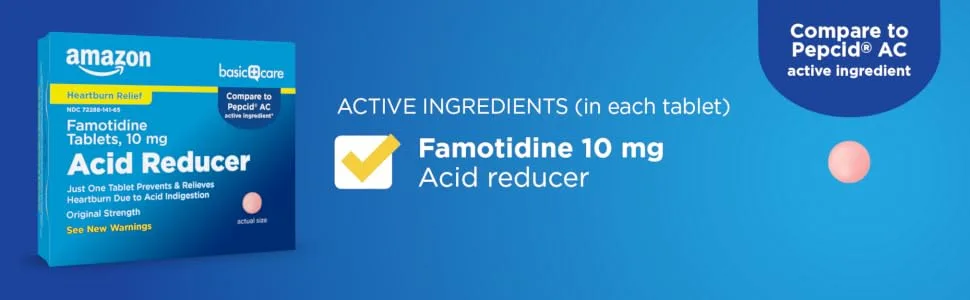 Amazon Basic Care Original Strength Famotidine Tablets, 10 mg, Acid Reducer for Heartburn Relief, 90 Count - Acid Reducer, active ingredient famotidine 10 mg, package image and tablet