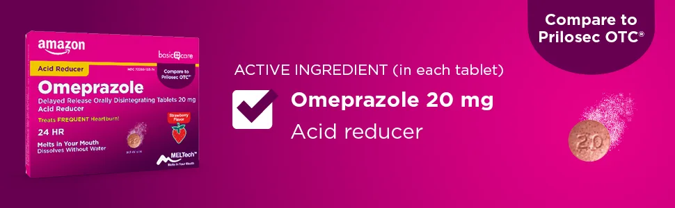 Amazon Basic Care Omeprazole Delayed Release Orally Disintegrating Tablets, Strawberry Flavor, 42 Count - active ingredient, Omeprazole 20 mg, Acid reducer