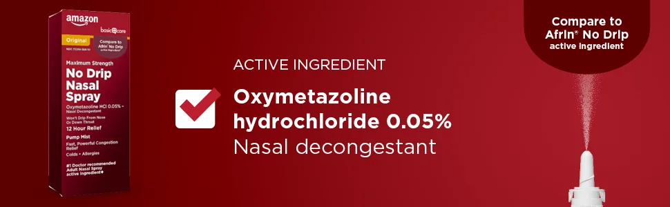 Amazon Basic Care No Drip Nasal Spray, Oxymetazoline HCl Provides 12 Hour Nasal Congestion Relief, 1 Fluid Ounce - basic care nasal spray active ingredient