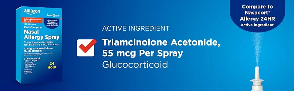 Amazon Basic Care Multi-Symptom, Triamcinolone Acetonide Nasal Allergy Spray, 55 mcg per Spray, White, 1.14 Fl Oz 1.14 Fl Oz (Pack of 1) - basic care nasal spray active ingredient