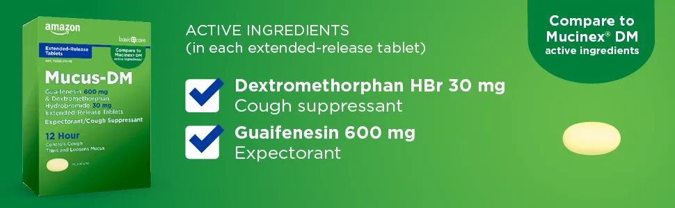 Amazon Basic Care Mucus DM Guaifenesin and Dextromethorphan Hydrobromide Extended-Release Tablets, 600 mg/30 mg, Expectorant and Cough Suppressant, 40 Count - Mucus DM package and active ingredients