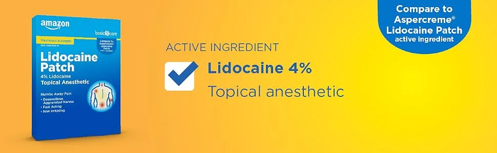 Amazon Basic Care Lidocaine Patch, 4% Lidocaine, Topical Anesthetic, Desensitizes Aggravated Nerves, 5 Count 10 cm x 14 cm 5 Count (Pack of 1) - Basic Care Lidocaine Patch active ingredient