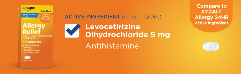 Amazon Basic Care Levocetirizine Dihydrochloride Tablets, 5 mg, Antihistamine, All Day Allergy Relief, 80 Count - Amazon Basic Care Allergy Relief Levocetirizine Dihydrochloride 5 mg antihistamine, xyzal