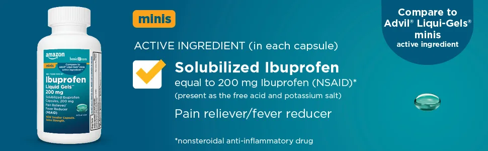 Amazon Basic Care Ibuprofen Liquid Mini Gels 300 ct 300 Count (Pack of 1) Mini Liquid Gels - Amazon Basic Care Ibuprofen tablets 200 mg pain reliever/fever reducer NSAID mini liquid gels