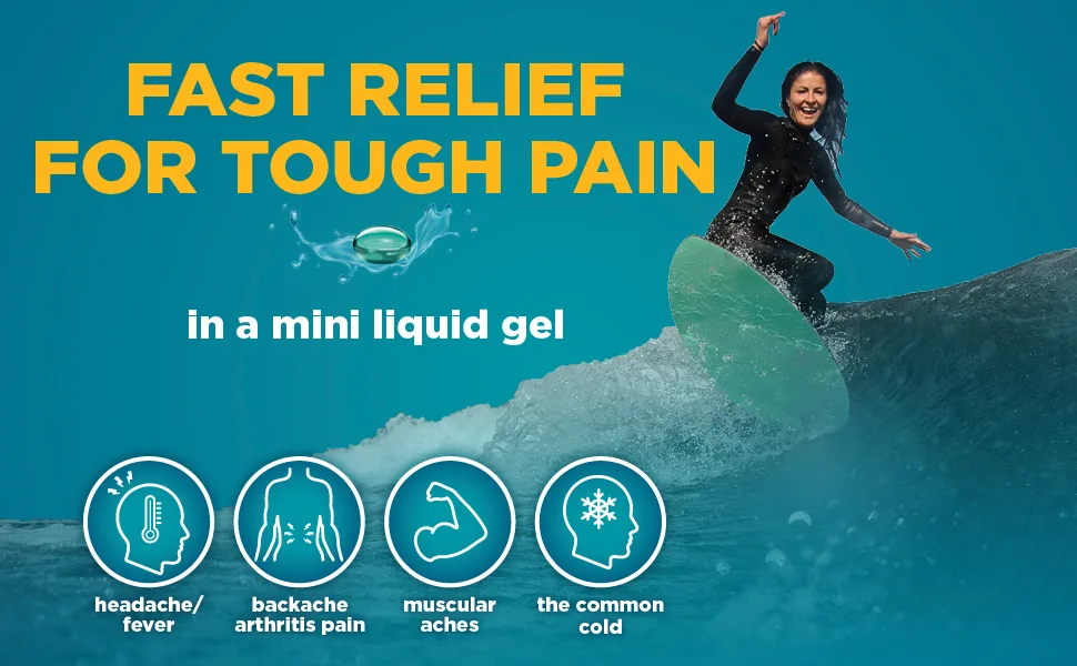 Amazon Basic Care Ibuprofen Liquid Mini Gels 300 ct 300 Count (Pack of 1) Mini Liquid Gels - fast relief for tough pain, surfer girl, pain relief icons, mini liquid gel capsule