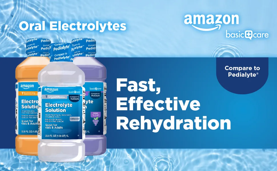 Amazon Basic Care Grape Electrolyte Solution, Replaces Electrolytes, Fluid & Zinc, Kids & Adults, 33.8 Fluid Ounces - Fast, effective rehydration banner