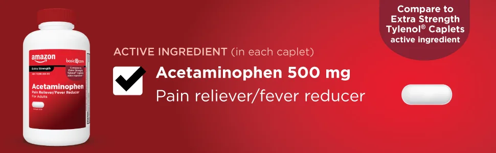 Amazon Basic Care Extra Strength Pain Relief, Acetaminophen Caplets, 500 mg, 500 Count (Pack of 1) 500 Count (Pack of 1) Extra Strength - Amazon Basic Care Acetaminophen 500 mg pain reliever/fever reducer extra strength