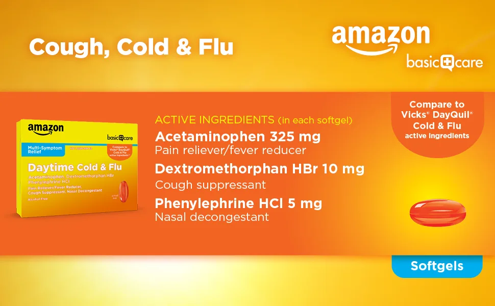 Amazon Basic Care Daytime Cold & Flu Liquid Caps Cold Care for Daytime Cold and Flu, 48 Count 48 Count (Pack of 1) Daytime - Cough, Cold & Flu