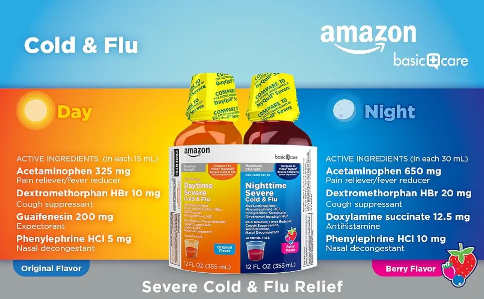 Amazon Basic Care Daytime and Nighttime Max Strength Severe Cold and Flu Relief Combination Pack, Liquid Medicine, Packaging May Vary, 24 Fluid Ounces Original & Berry Daytime & Nighttime - Amazon Basic Care Severe Cold & Flu category banner