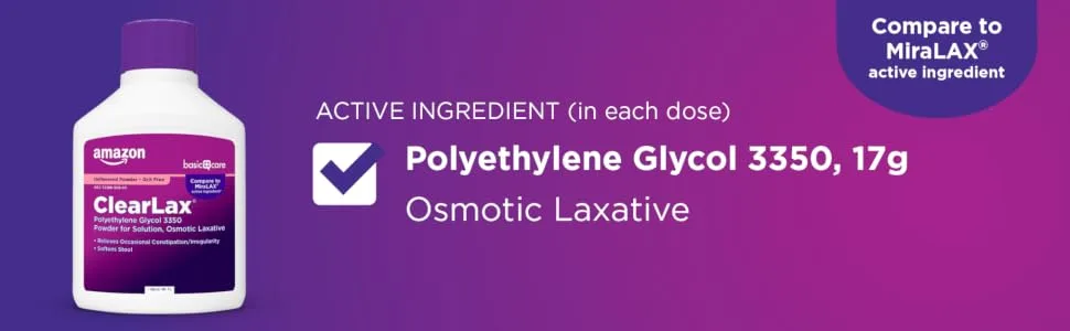 Amazon Basic Care ClearLax, Polyethylene Glycol 3350 Powder for Solution, Osmotic Laxative, 26.9 Ounces - amazon basic care clearlax osmotic laxative