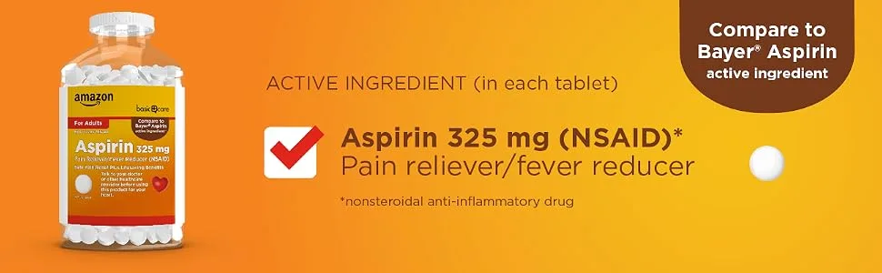 Amazon Basic Care Aspirin Pain Reliever and Fever Reducer (NSAID), 325 mg Coated Tablets, White, 500 Count 500 Count (Pack of 1) 325mg - Basic Care Aspirin 325 mg active ingredient