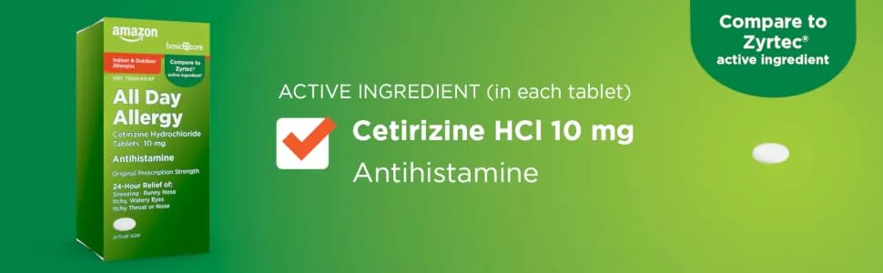 Amazon Basic Care All Day Allergy, Cetirizine Hydrochloride Tablets, 10 mg, Antihistamine, 300 Count 300 Count (Pack of 1) - Amazon Basic Care All Day Allergy, Cetirizine HCl 10 mg, antihistamine