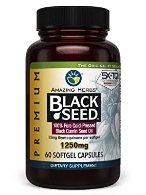 Amazing Herbs Premium Black Seed Oil Capsules - High Potency, Cold Pressed Nigella Sativa Aids in Digestive Health, Immune Support & Brain Function - 60 Count, 1250mg (Pack of 2) - black cumin seed oil
