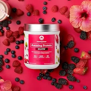 Amazing Grass GLOW Vegan Collagen Support with Biotin and Plant Based Protein Powder, Vanilla Honeysuckle, 15 Servings GLOW Vanilla Honeysuckle - Wild Berry Hibiscus