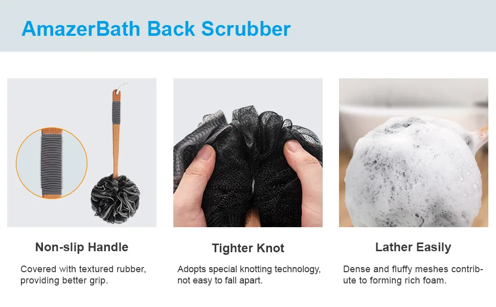 AmazerBath Shower Sponge Loofah Back Scrubber, PE Soft Mesh Loofah Body Scrubber with Long Wooden Handle, Bath Sponge for Men Women (Black) - 1021000200028