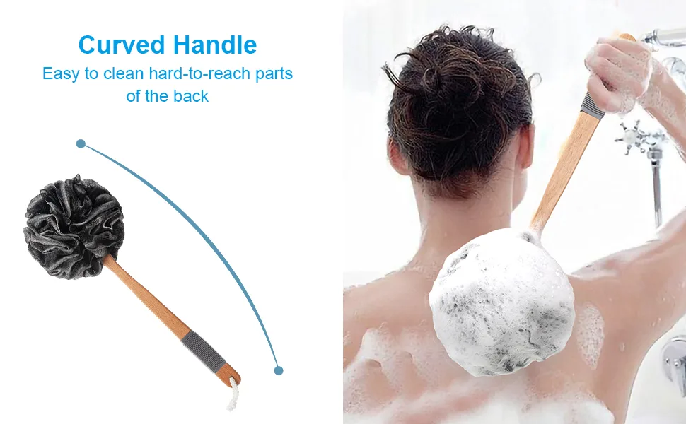 AmazerBath Shower Sponge Loofah Back Scrubber, PE Soft Mesh Loofah Body Scrubber with Long Wooden Handle, Bath Sponge for Men Women (Black) - 1021000200028