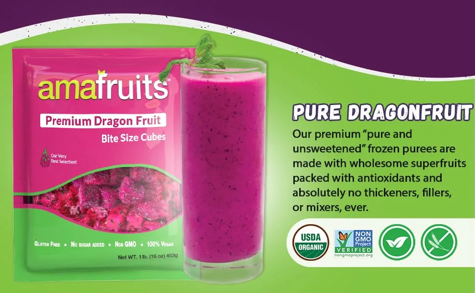 Amafruits Dragon Fruit (Pitaya) Bite Size Cubes - 16oz bag, 5 bag count - AMAFruit ama fruit superfruits super fruit dragonfruit dragon acai berry smoothie sorbet amazonian