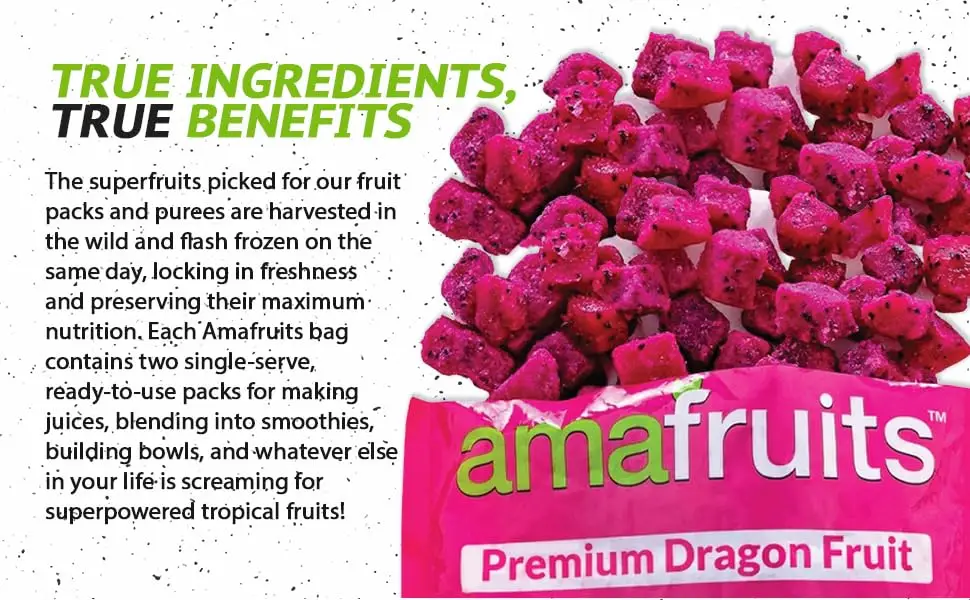 Amafruits Dragon Fruit (Pitaya) Bite Size Cubes - 16oz bag, 5 bag count - AMAFruit ama fruit superfruits super fruit dragonfruit dragon acai berry smoothie sorbet amazonian