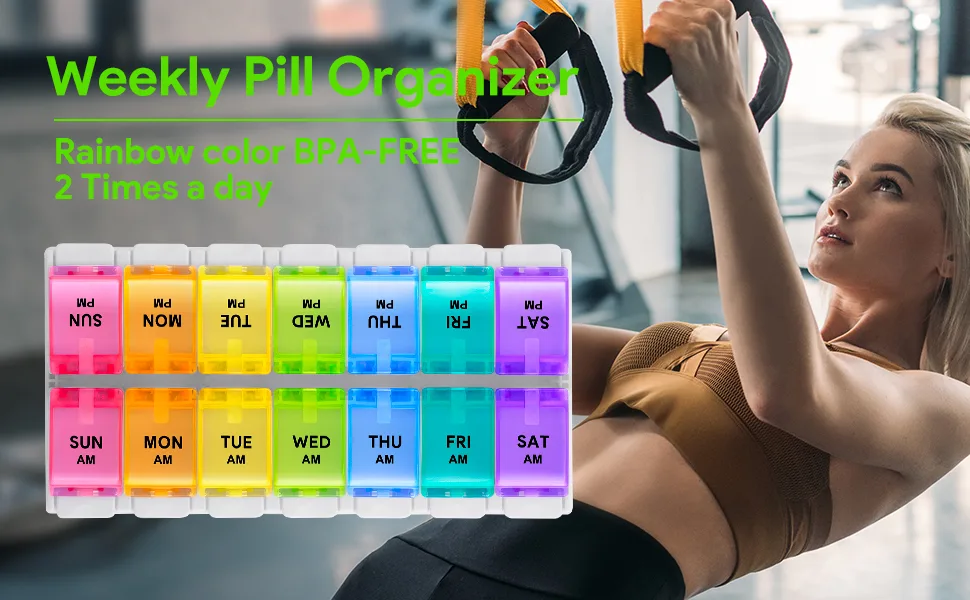 AM PM Weekly 7 Day Pill Organizer, Sukuos Large Daily Pill Cases Pill Box with Easy Push Button Design for Pills/Vitamin/Fish Oil/Supplements - product information 7