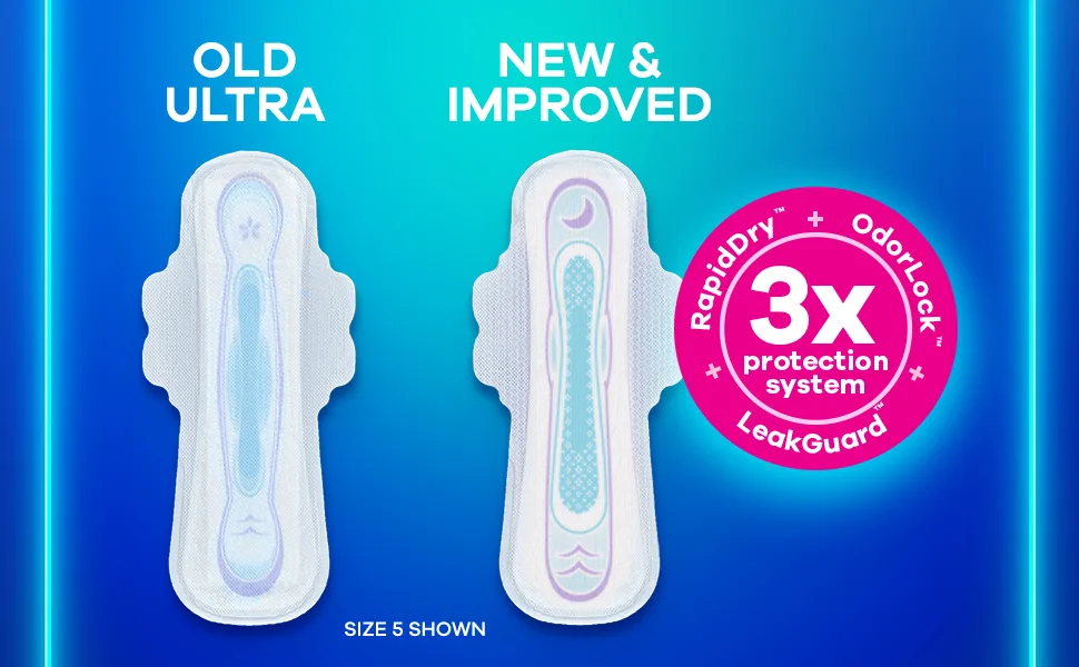 Always Ultra Thin Feminine Pads For Women, Size 5 Extra Heavy Overnight Absorbency, Multipack, With Wings, Unscented, 92 Total Count - (Pack Of 2) 92 Count - Visual of old Always Ultra Thin Pad next to new and improved version with triple protection system.