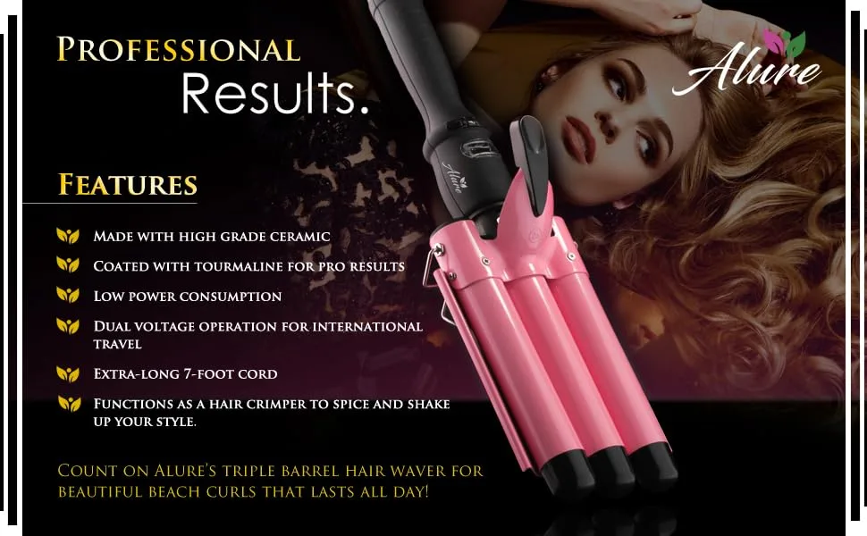 Alure Three Barrel Curling Iron Wand with LCD Temperature Display - 1 Inch Ceramic Tourmaline Triple Barrels, Dual Voltage Crimp (Pink) - product information 1