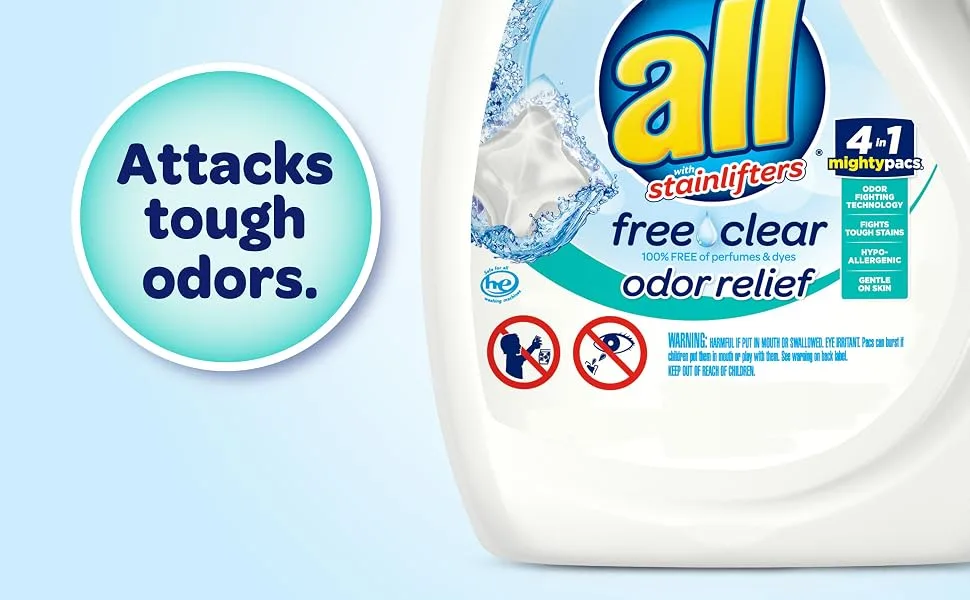 All Mighty Pacs Laundry Detergent Free Clear Odor Relief, Tub, 56 Count 56 Count (Pack of 1) - laundry pods