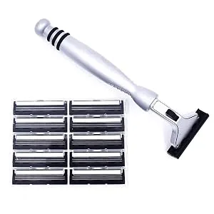 All Metal Heavyweight Chrome ATRA Compatible Twin Blade Razor & 10 Personna Pivot Plus Blades - Taconic Shave