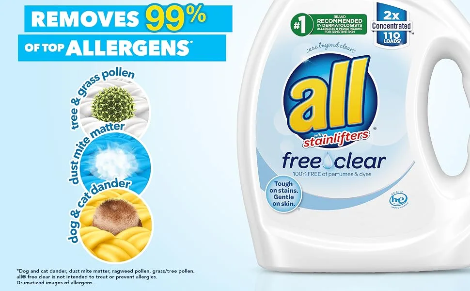 all Liquid Laundry Detergent, Clear for Sensitive Skin, 2X Concentrated, 110 Loads Unscented  82.5 Fl Oz (Pack of 1) - laundry detergent liquid