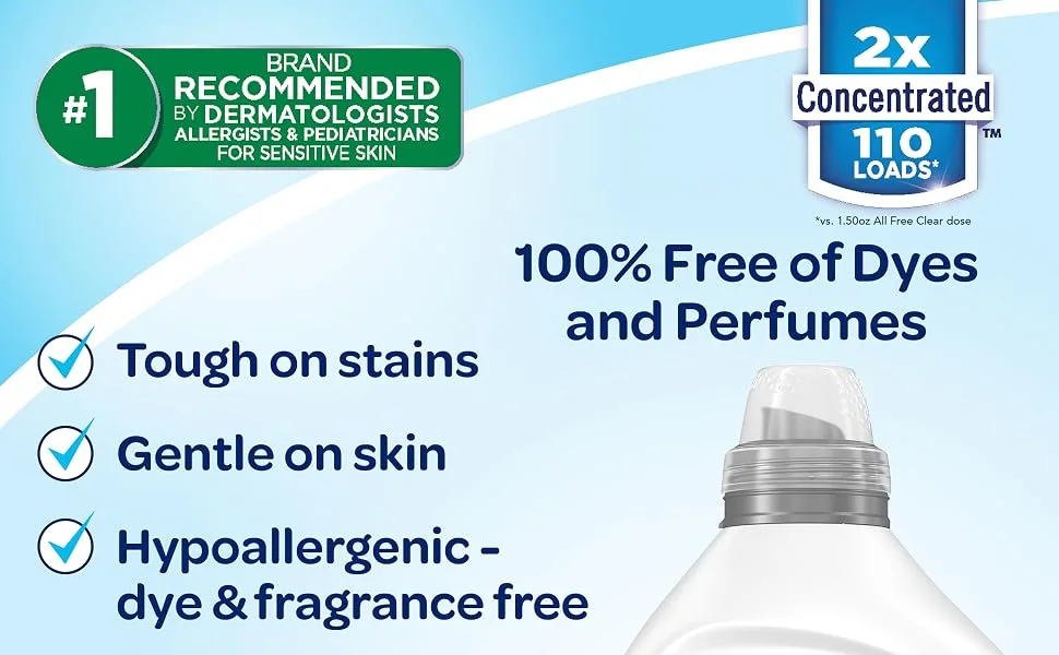 all Liquid Laundry Detergent, Clear for Sensitive Skin, 2X Concentrated, 110 Loads Unscented  82.5 Fl Oz (Pack of 1) - sensitive detergent
