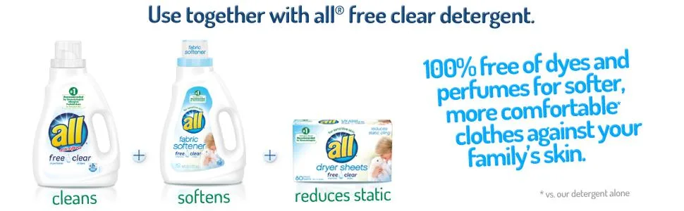 All Fabric Softener Dryer Sheets for Sensitive Skin, Free Clear, 120 Count - fabric softener, dryer sheets, make fabrics cleaner, softer, more comfortable, dye perfume free