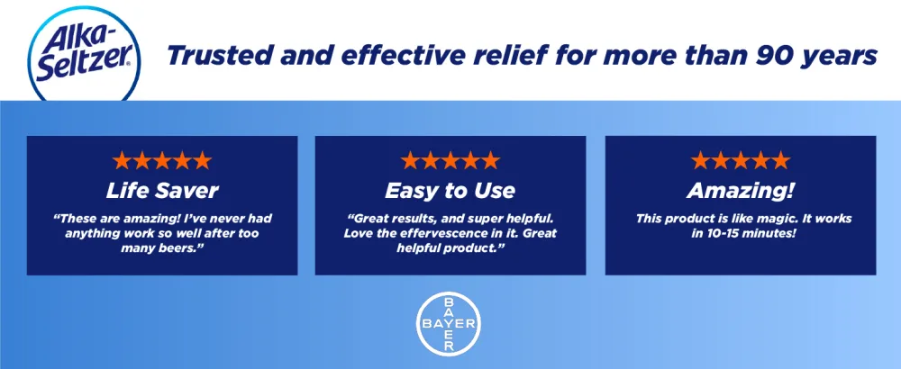 Alka-Seltzer Hangover Relief Effervescent Tablets Formulated for Fast Relief of Headaches, Body Aches and Mental Fatigue, 60CT (20ct x 3) Bundle - Hangover relief tablets