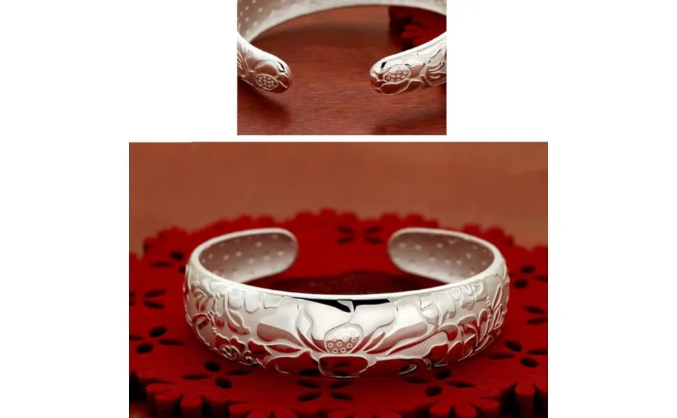 COLLBATH Open Bracelet Bracelets for Women Lotus Open Bangle Delicate Sturdy Silver Plated Carved Bracelet Bangle Jewelry for Ladies - product information 1