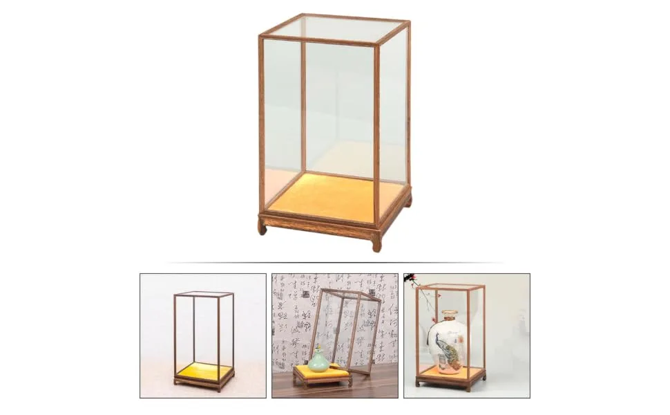 ORFOFE Box Wood Carving Glass Cover clear display stand buddha display stand Display Accessory toy shelf 17x12cm Assorted Color - product information 2