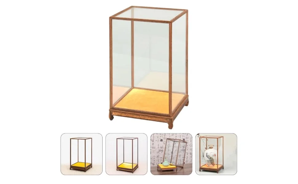 ORFOFE Box Wood Carving Glass Cover clear display stand buddha display stand Display Accessory toy shelf 17x12cm Assorted Color - product information 5