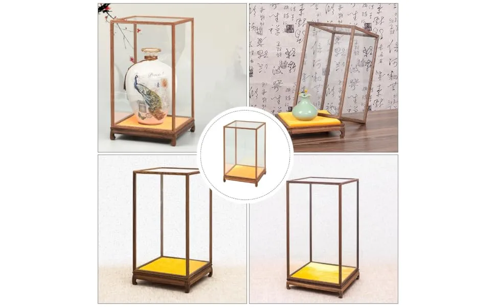 ORFOFE Box Wood Carving Glass Cover clear display stand buddha display stand Display Accessory toy shelf 17x12cm Assorted Color - product information 6