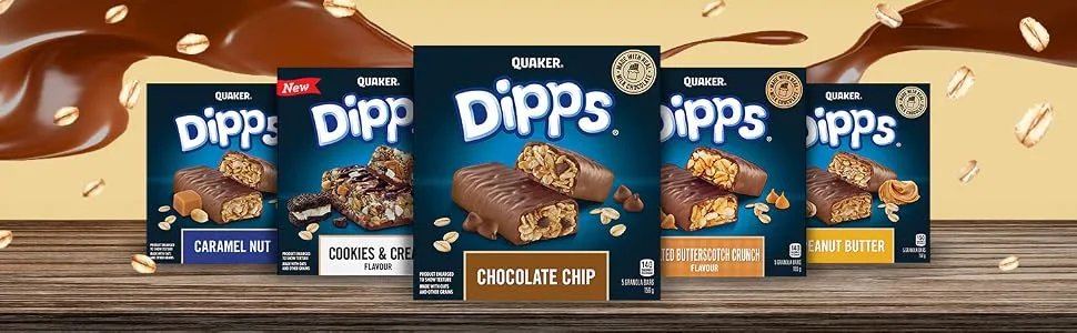 Quaker Dipps Granola Bars - Rainbow Chip Multi-Pack 5 Bars 150g (Pack of 12) - dipps granola bar bars chocolate chip caramel nut peanut butter butterscotch crunch cookies n cream