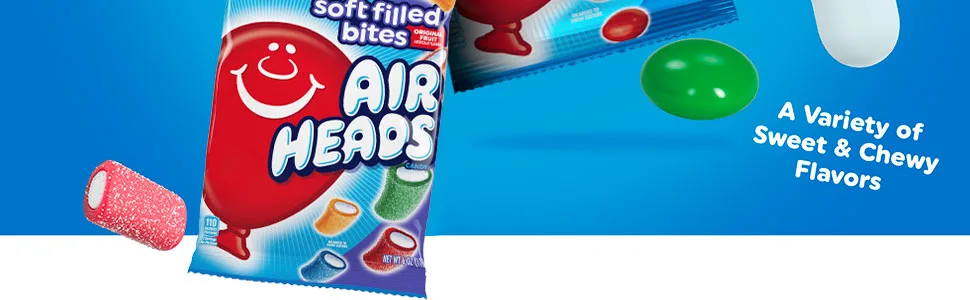 Airheads Candy, Assorted Flavors, 5 Individually Wrapped Full Size Bars per Pack, Box of 18 Packs - soft filled