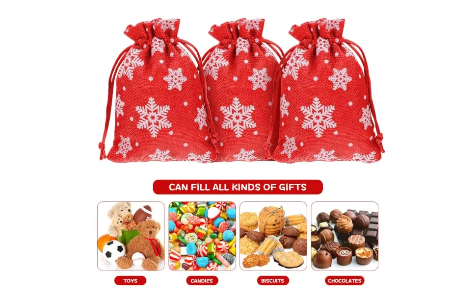 COLLBATH 10pcs Snowflake Burlap Bag Christmas Bags Candy Christmas Pouch Drawstring Storage Rack 14X10X0.3CM Red - product information 6