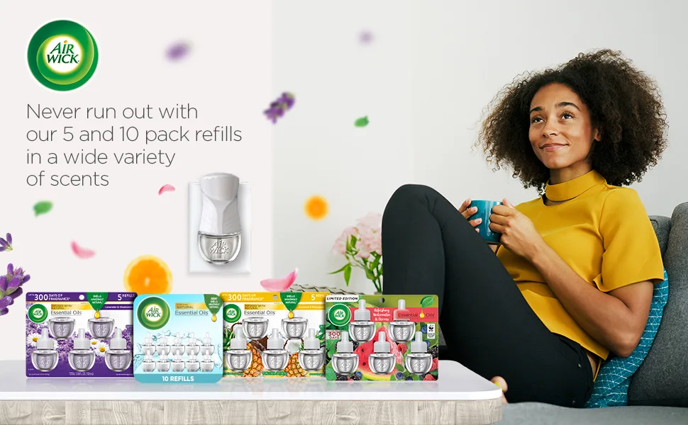 Air Wick Plug in Scented Starter Kit, 2 Warmers + 6 Refills, Vanilla & Pink Papaya, Essential Oils, Air Freshener - Never run out with our 5 and 10 pack refills