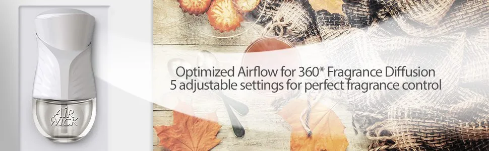 Air Wick Plug in Scented Oil 2 Refills, Pumpkin Spice, Fall scent, Fall spray, (2x0.67oz), Essential Oils, Air Freshener, Packaging May Vary - Optimized Airflow for 360* Fragrance Diffusion 5 adjustable settings for perfect fragrance control