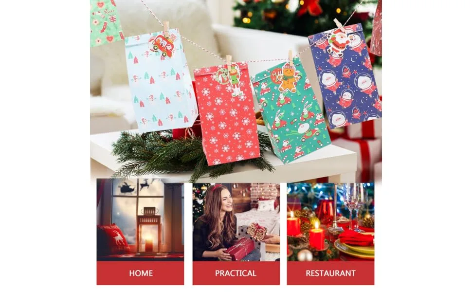 Levemolo 1 Set 24 Empty Advent Bags Christmas Paper Bags Christmas Countdown Rope As Shown 23X12X1CM - product information 3