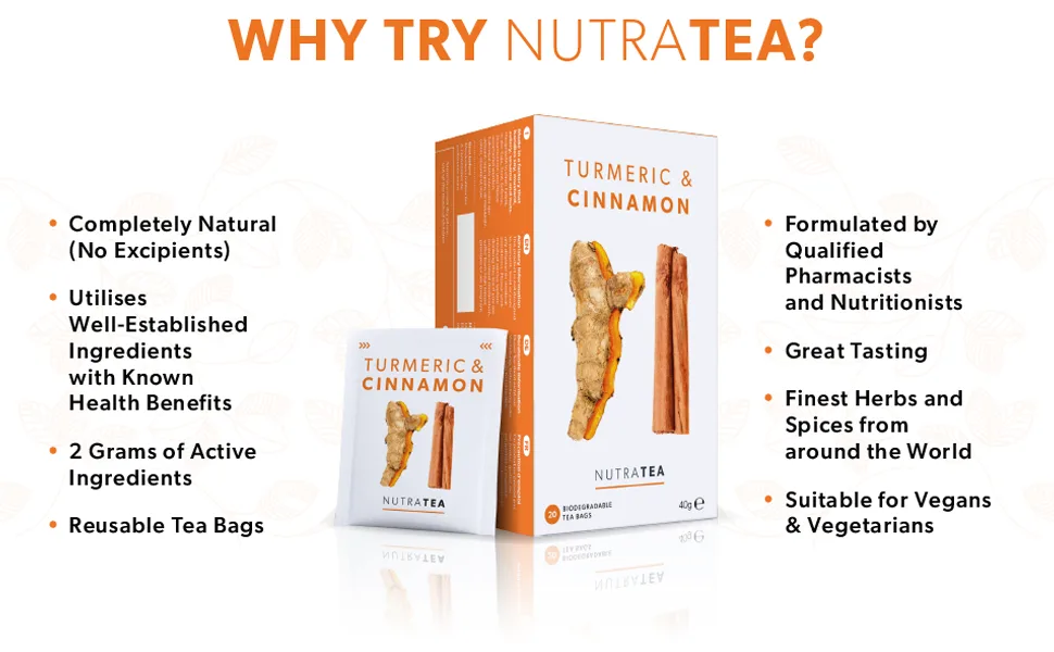 Nutra Tea - Turmeric & Cinnamon Tea - 120 Tea Bags - Herbal Tea - (6 Pack) 6 Pack (120 Tea Bags) - NutraTea Turmeric &Cinnamon Tea - Why NutraTea?