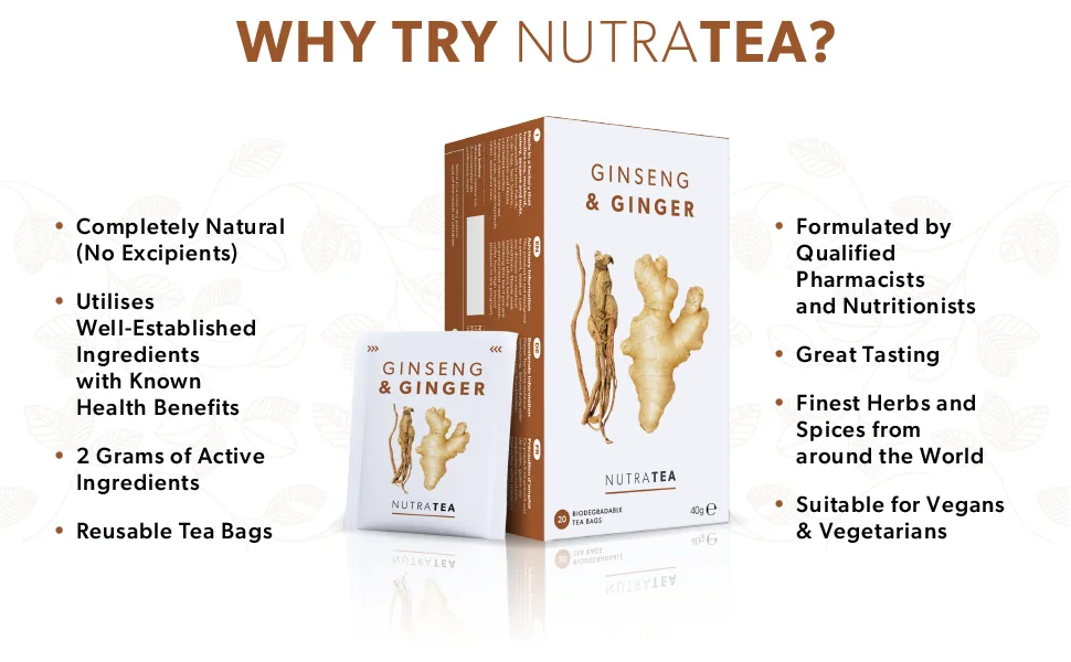 Nutra Tea - Ginger & Ginseng Tea - 120 Tea Bags - Herbal Tea (6 Pack) 6 Pack (120 Tea Bags) - Nutra Tea Ginseng & Ginger Functional Herbal Tea - Why NutraTea